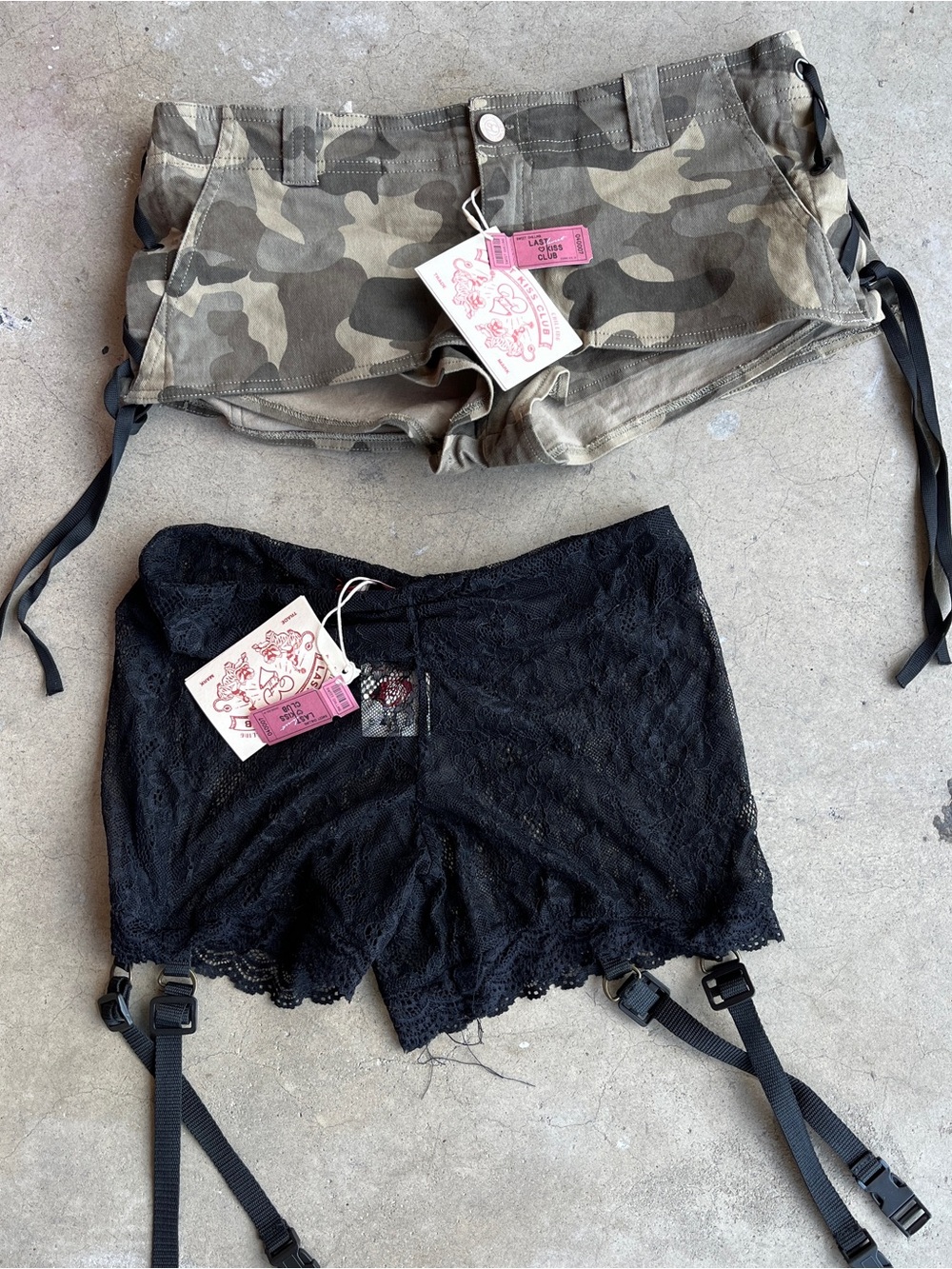 Sweet Chilling Camo Cargo Mini Shorts + Black Lace Garter Shorts Duo